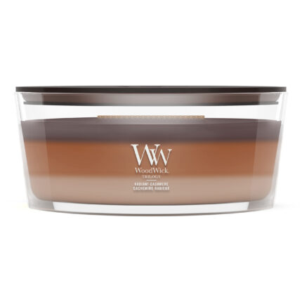 Frontansicht der WoodWick Trilogy-Kerze Radiant Cashmere im Glas