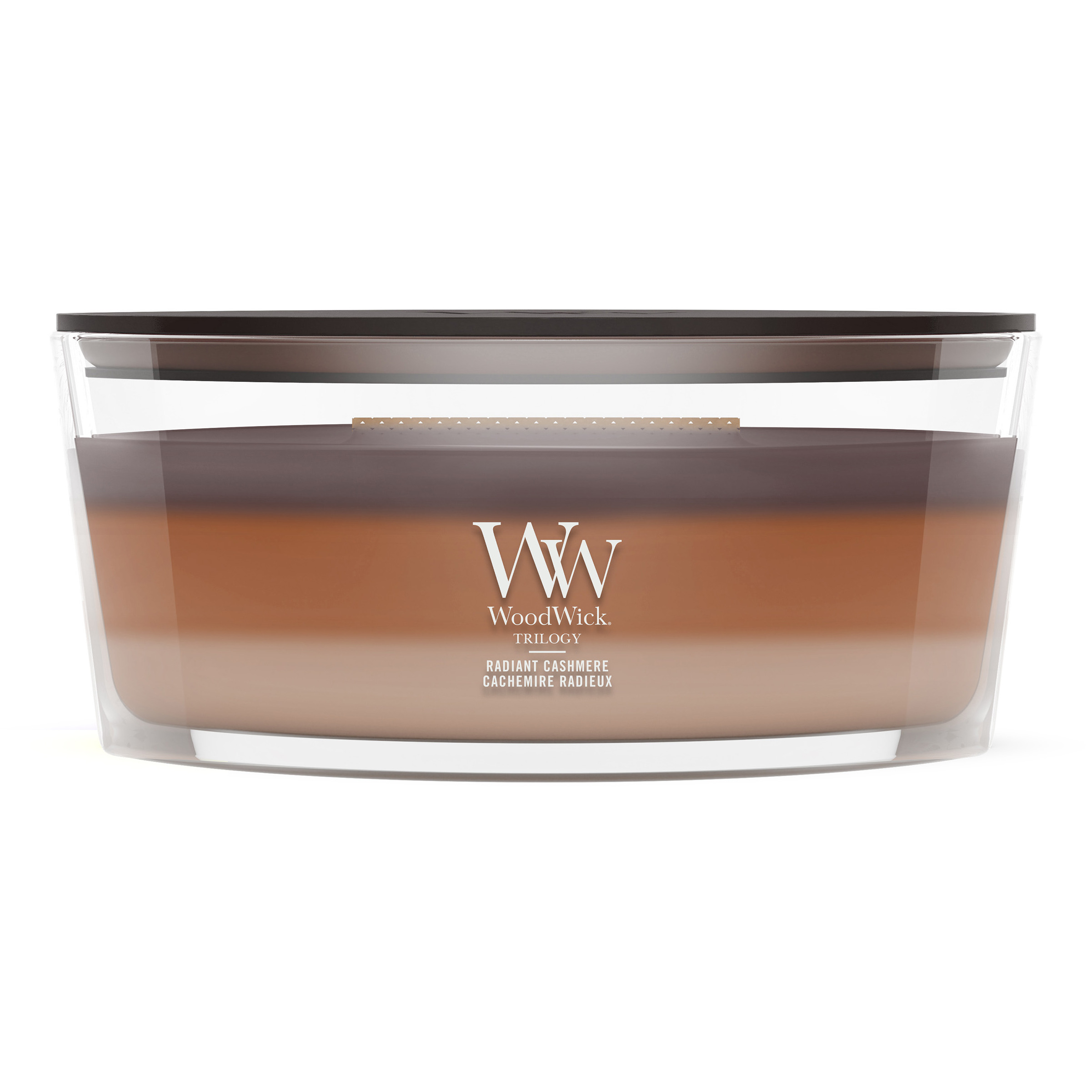 Radiant Cashmere Kerze frontal Frontansicht der WoodWick Trilogy-Kerze Radiant Cashmere im Glas