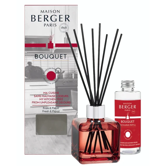 Bouquet Diffuser mit Nachfüllflasche Maison Berger Bouquet Diffuser, Verpackung und Nachfüllflasche nebeneinander