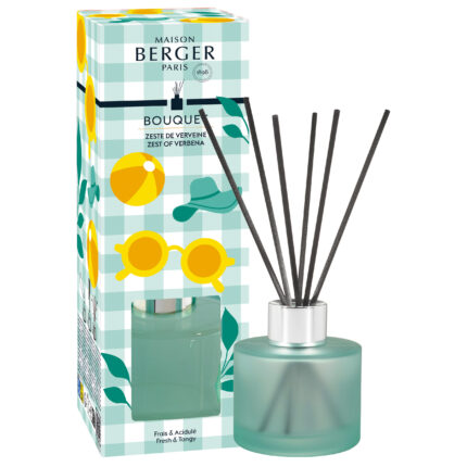 Zitronen-Verbene-Diffuser mit Verpackung und schwarzen Duftstäbchen