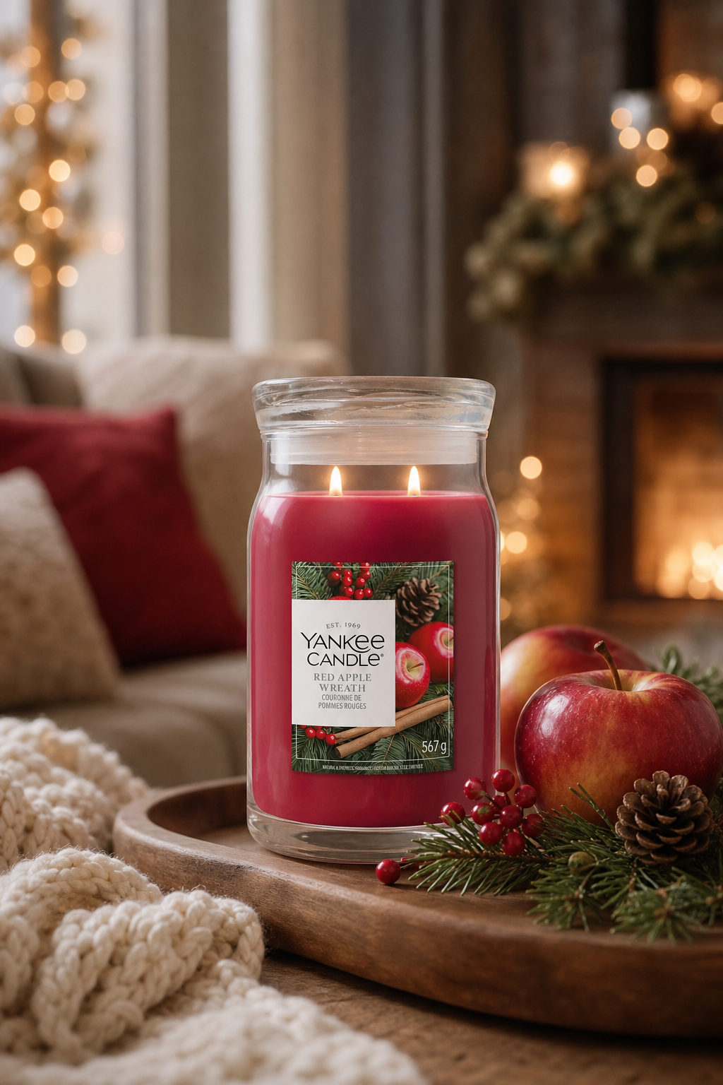 Red Apple Wreath 567g 2-Docht in einer stimmungsvollen Anwendungsszene