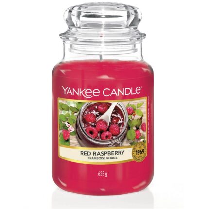 Rote Yankee Candle Red Raspberry Kerze mit transparentem Glasdeckel
