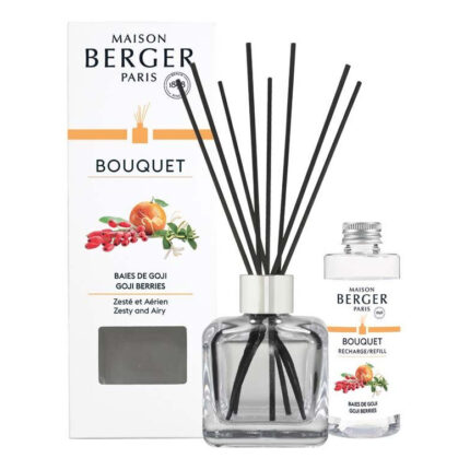 Diffuser mit schwarzen Stäbchen, Verpackung und Nachfüllflasche von Maison Berger
