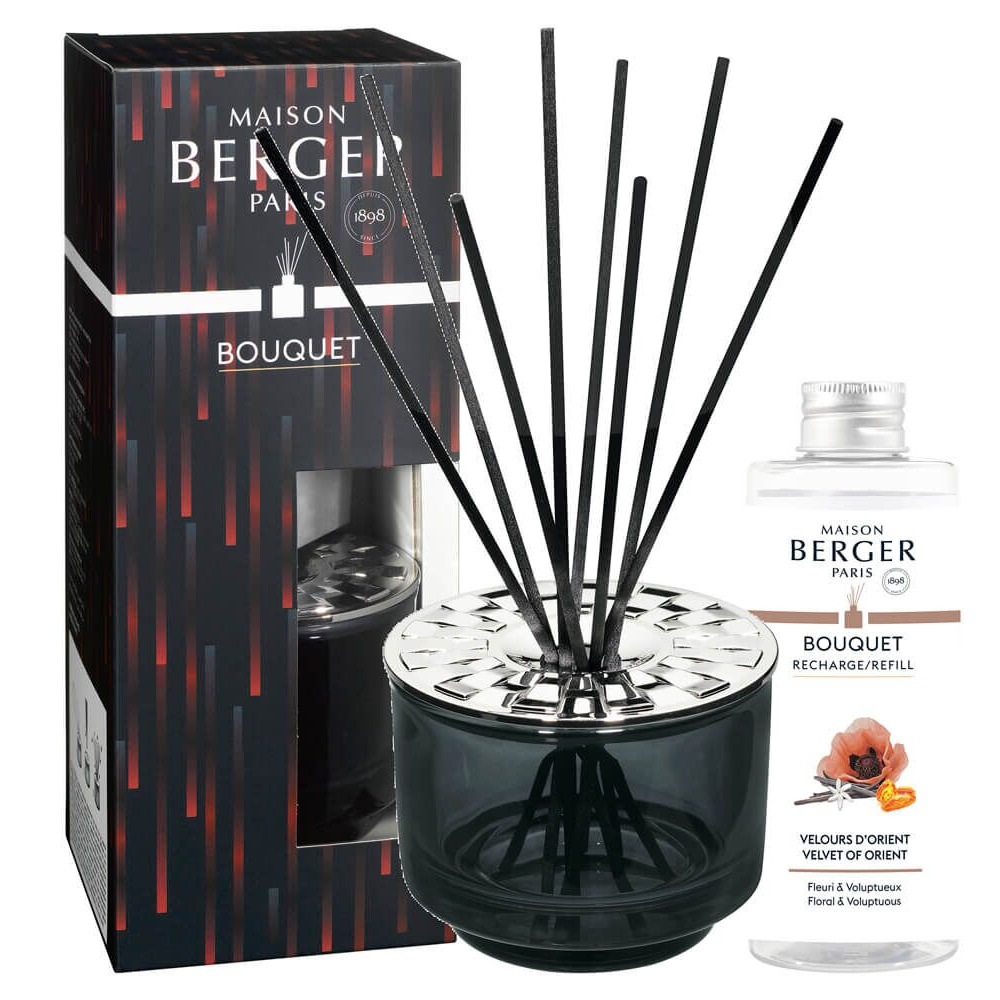 Diffuser mit Nachfüllflasche Raumduft-Diffuser mit schwarzen Stäbchen neben einer Nachfüllflasche