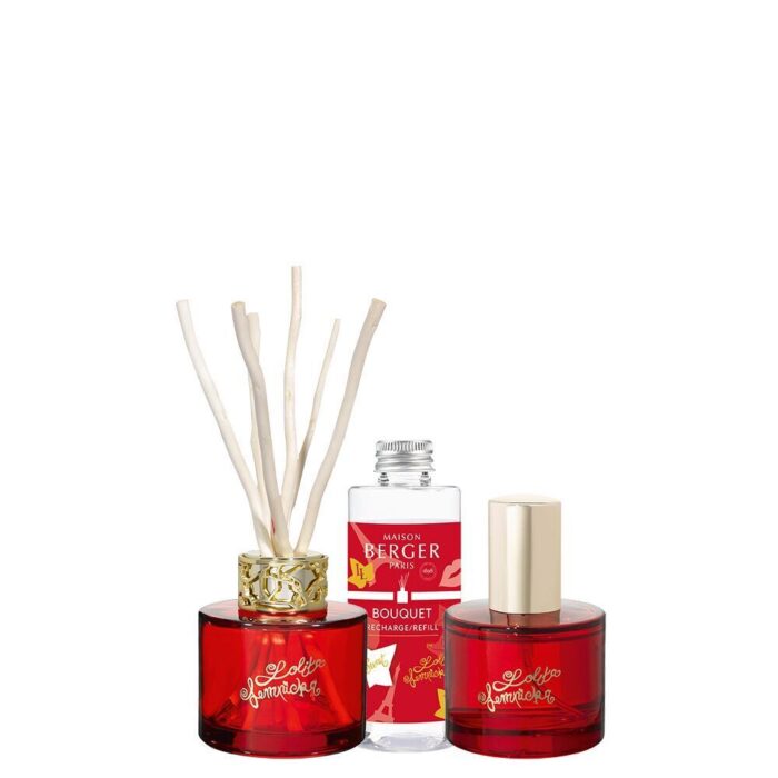 Roter Diffuser, Nachfüllflasche und Raumspray im Sweet Design