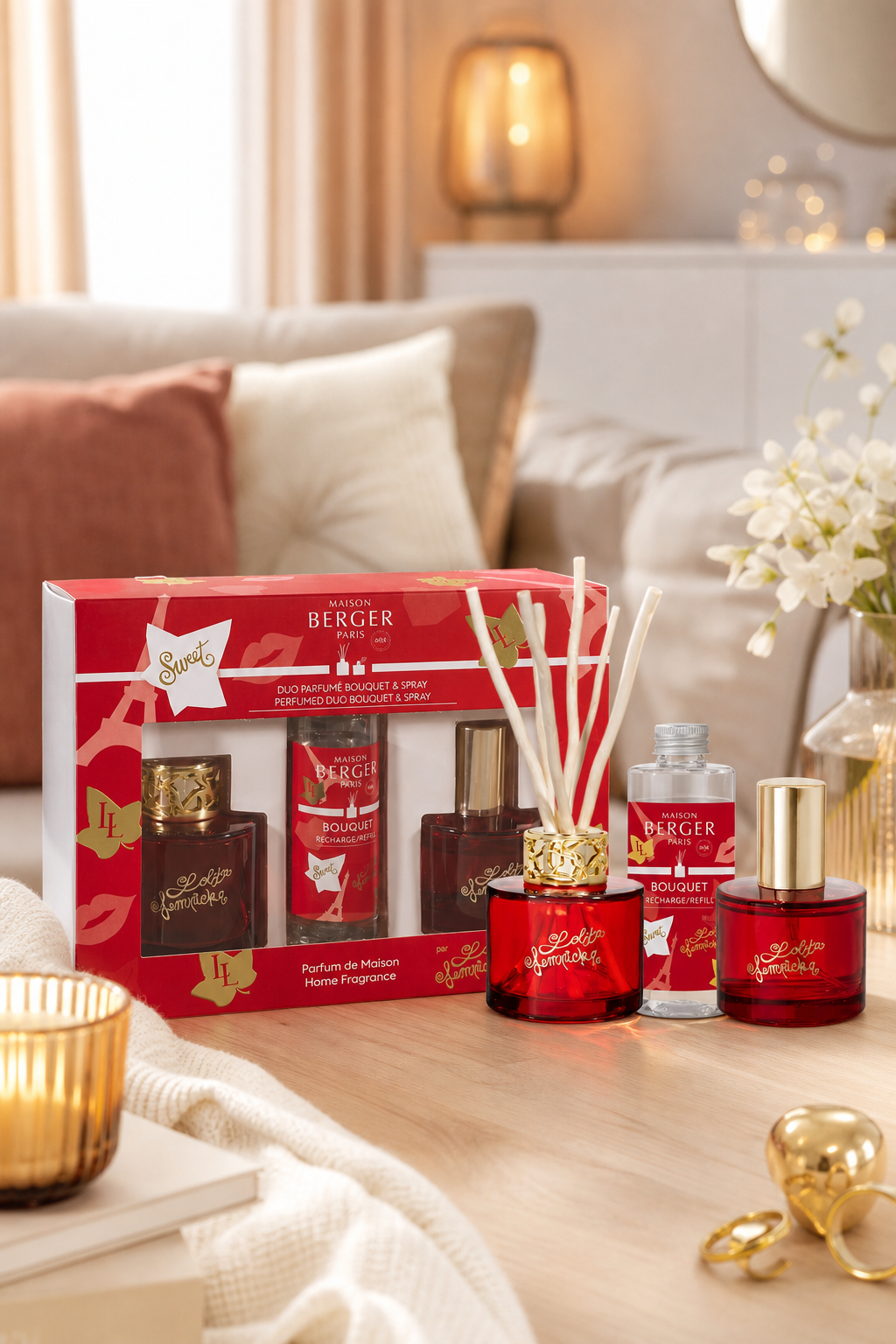 Maison Berger Sweet Set mit Diffuser und Spray auf einem Wohnzimmertisch