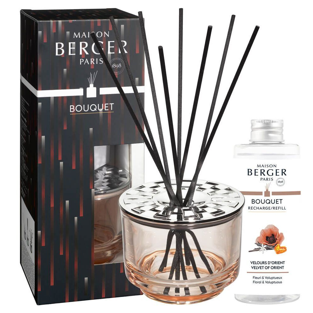 Diffuser-Set mit Nachfüllflasche Diffuser mit Duftstäbchen, Verpackung und Maison Berger Nachfüllflasche
