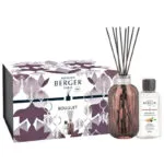 Maison Berger Diffuser mit Duftstäbchen, Verpackung und danebenstehender Nachfüllflasche