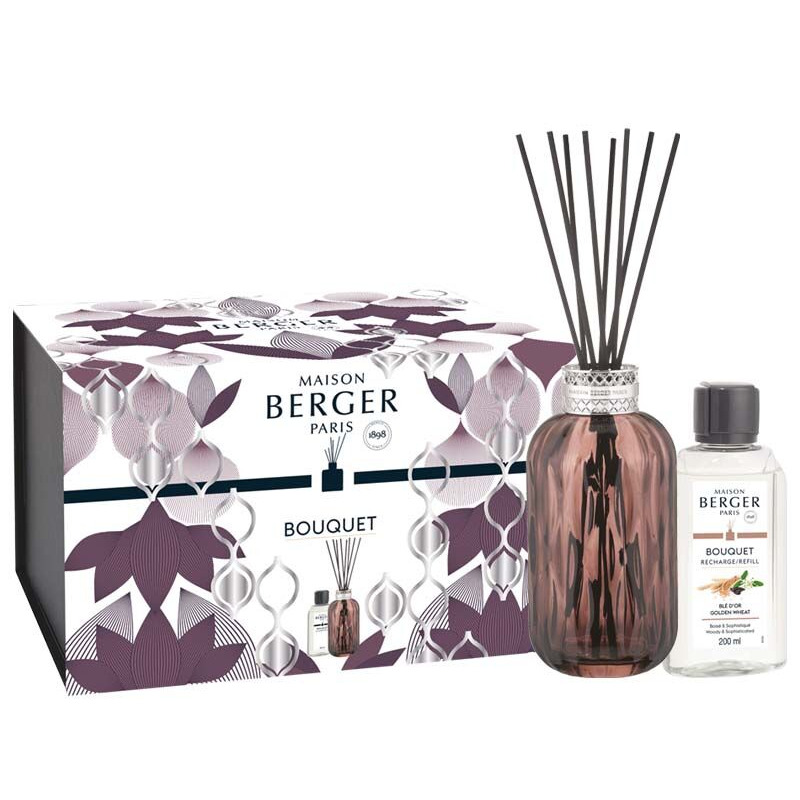 Diffuser-Set mit Nachfüllflasche Maison Berger Diffuser mit Duftstäbchen, Verpackung und danebenstehender Nachfüllflasche
