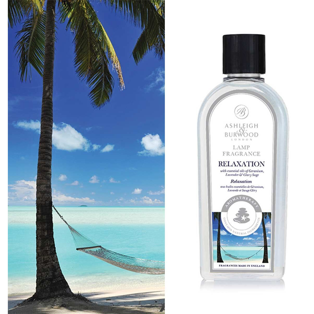 Relaxation Lamp Fragrance Nachfüllflasche Ashleigh & Burwood Relaxation Lamp Fragrance Flasche neben tropischer Strandkulisse