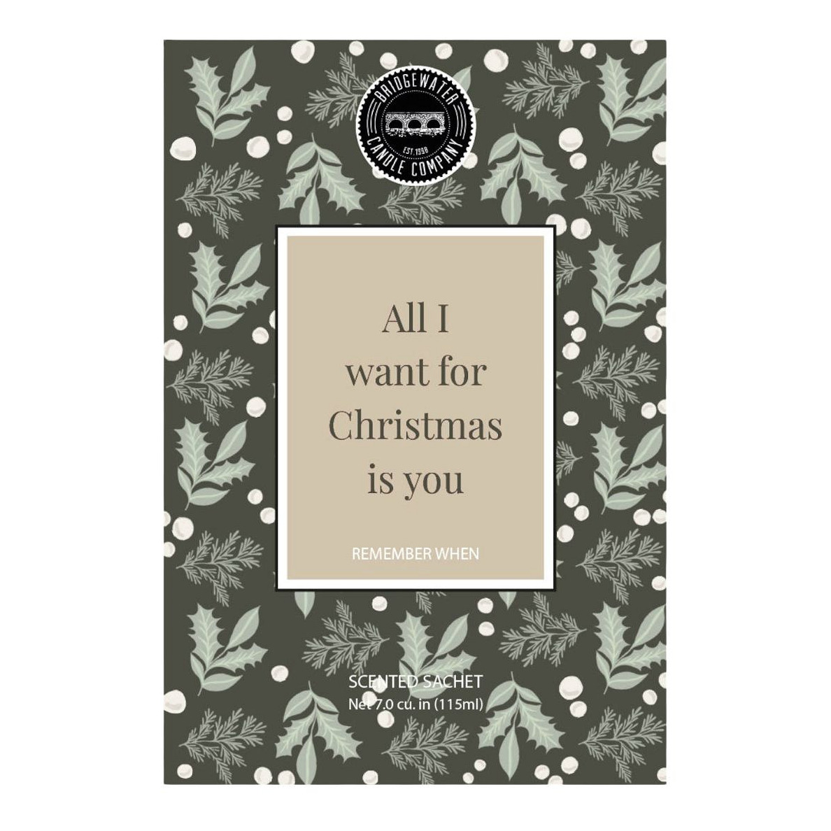 Remember When Scented Sachet Verpackung des Remember When Duftsachets mit Weihnachtsmotiv und zentraler Schrift