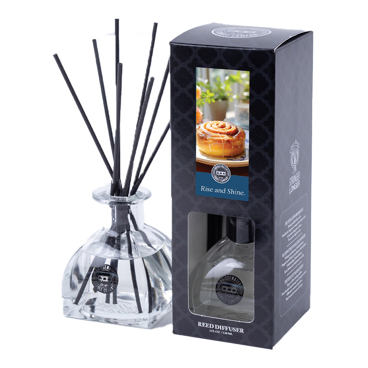 Rise and Shine Diffuser mit Verpackung Glasflakon mit schwarzen Duftstäbchen neben der Rise-and-Shine-Verpackung