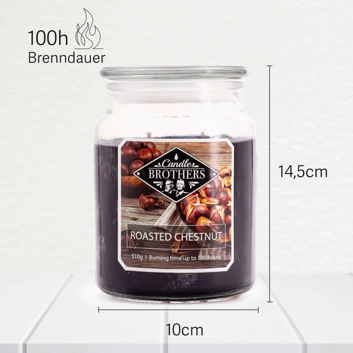 Roasted Chestnut Kerze mit Angaben zu 14,5 cm Höhe, 10 cm Durchmesser und 100 Stunden Brenndauer