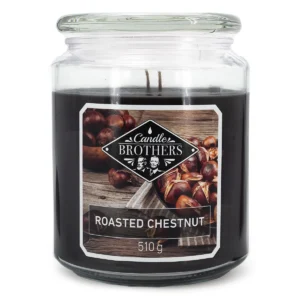 Schwarze Roasted Chestnut Kerze im Glas mit Candle Brothers Etikett