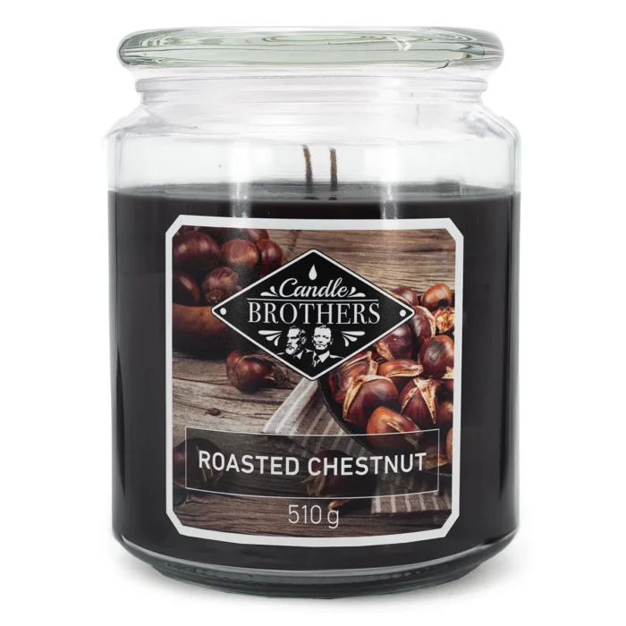 Schwarze Roasted Chestnut Kerze im Glas mit Candle Brothers Etikett