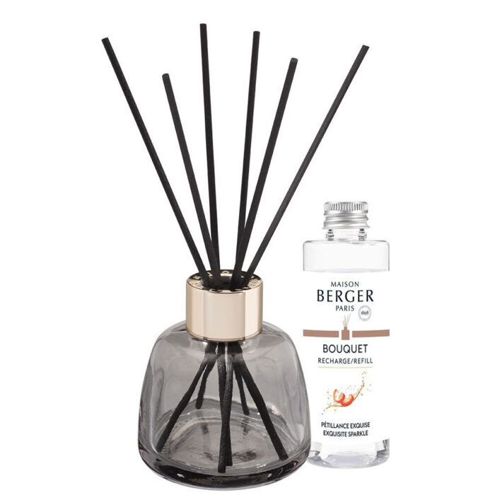 Maison Berger Diffuser mit schwarzen Duftstäbchen neben einer Nachfüllflasche