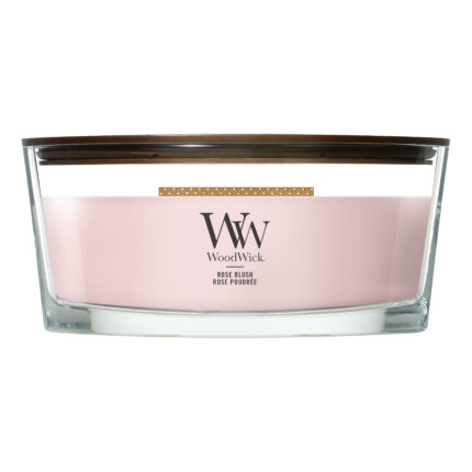 Frontansicht der WoodWick Rose Blush Kerze im Glas