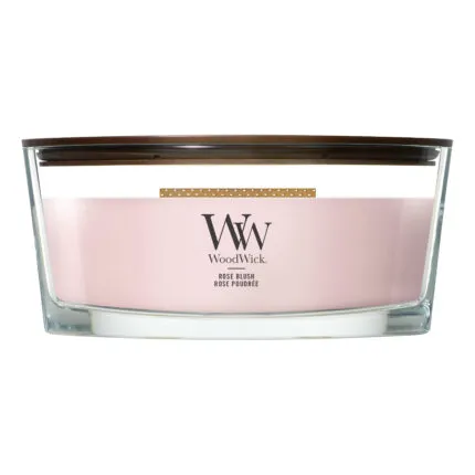 Frontansicht der WoodWick Rose Blush Kerze im Glas