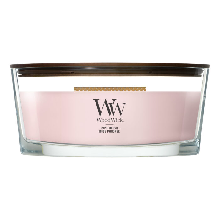 Frontansicht der WoodWick Rose Blush Kerze im Glas