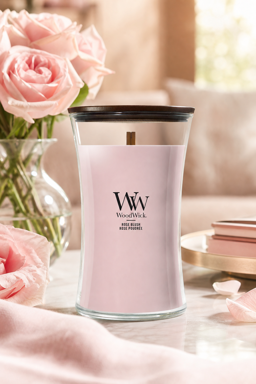 WoodWick Rose Blush Kerze mit Deckel zwischen rosa Rosen und Büchern