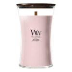 WoodWick Rose Blush Kerze im Glas mit sichtbarem Holzdocht