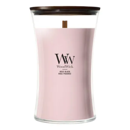 WoodWick Rose Blush Kerze im Glas mit sichtbarem Holzdocht