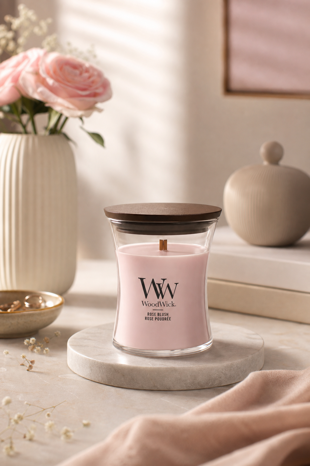 WoodWick Rose Blush Kerze mit Deckel in einer dekorierten Wohnszene