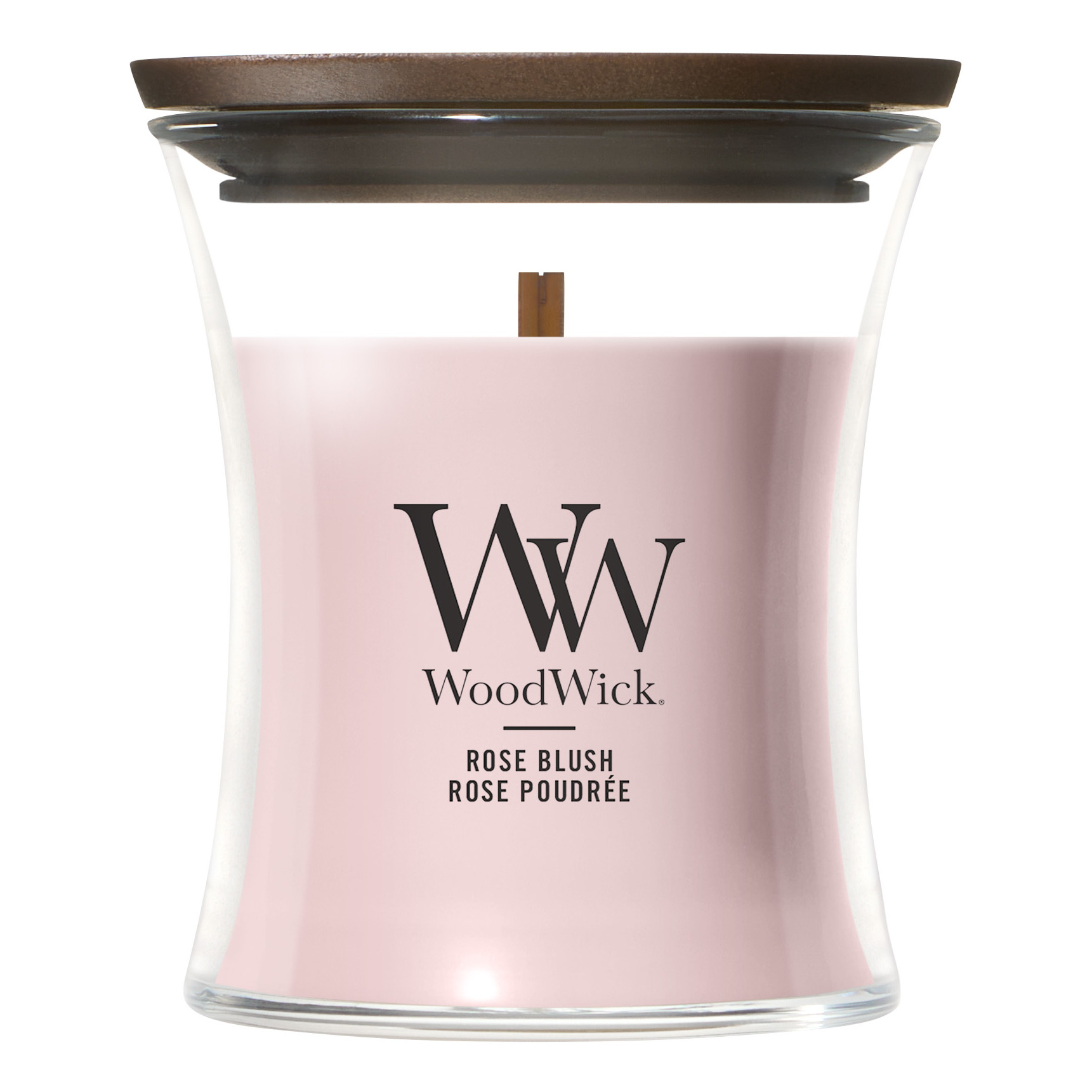 Rose Blush Kerze freigestellt WoodWick Rose Blush Kerze mit Deckel vor weißem Hintergrund