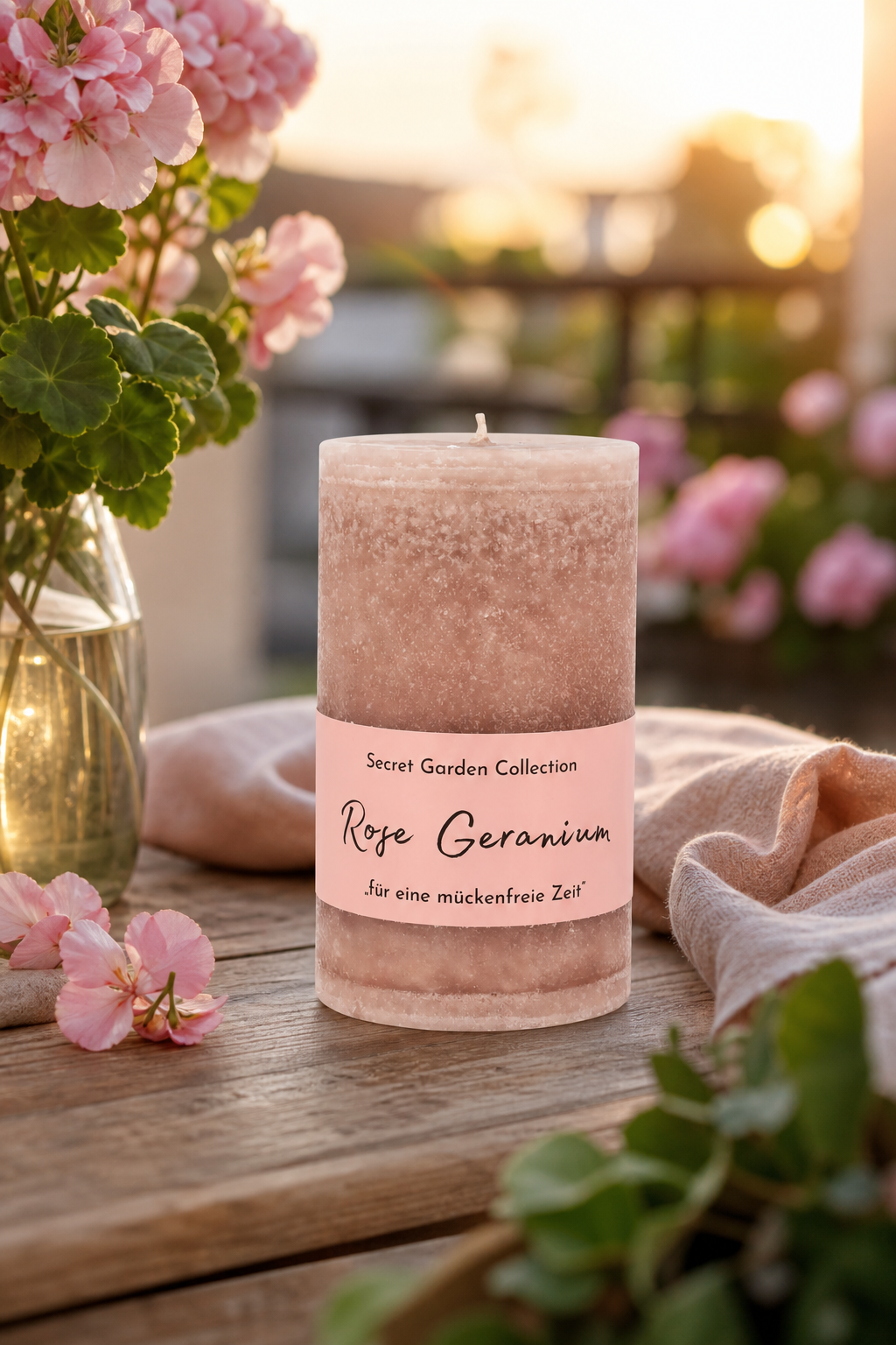 Rose Geranium Anti-Mücke 400g in einer stimmungsvollen Anwendungsszene
