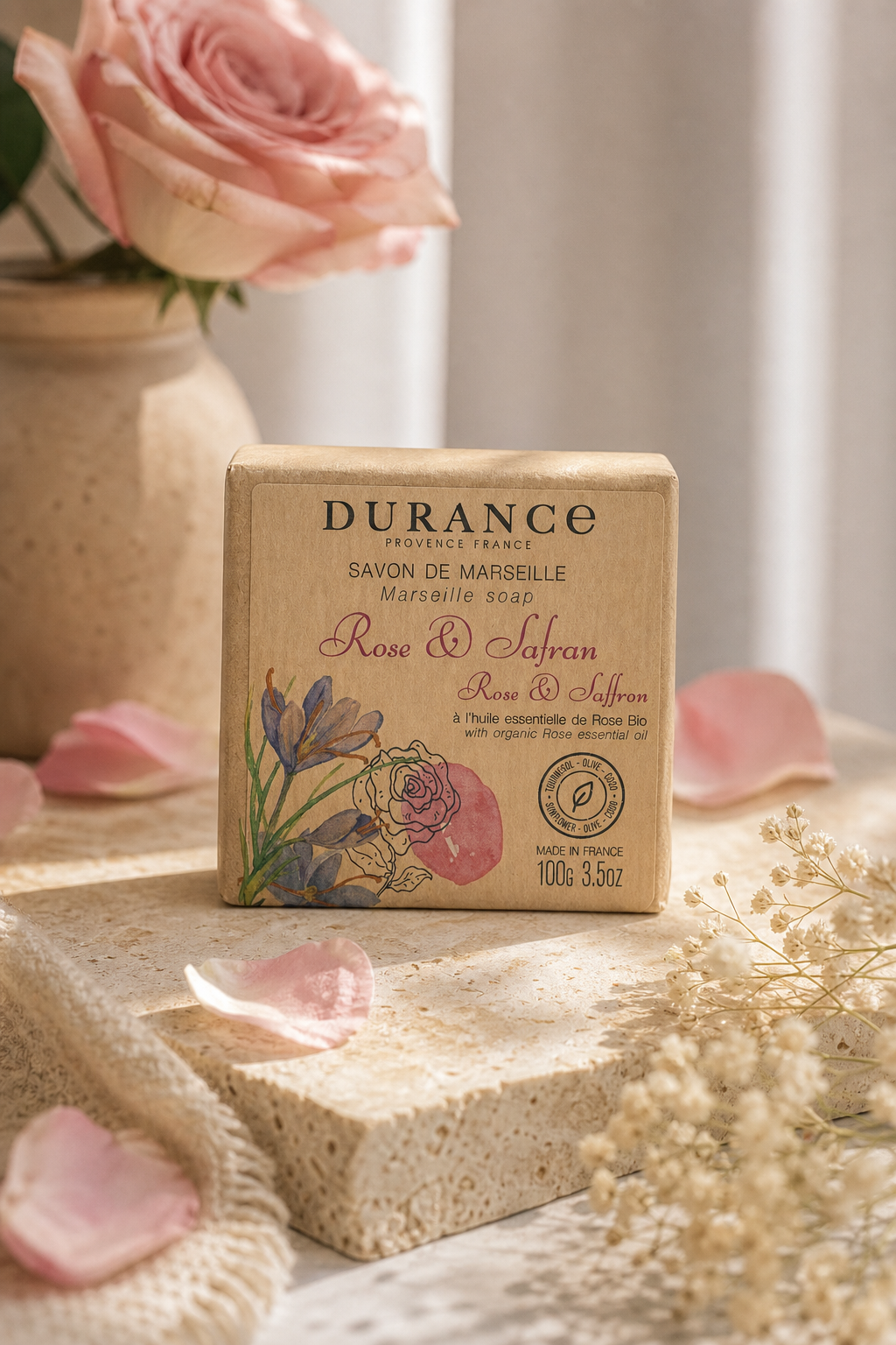 Rose & Safran Marseiller Seife 100g – Stimmungsbild Rose & Safran Marseiller Seife 100g in einer stimmungsvollen Anwendungsszene