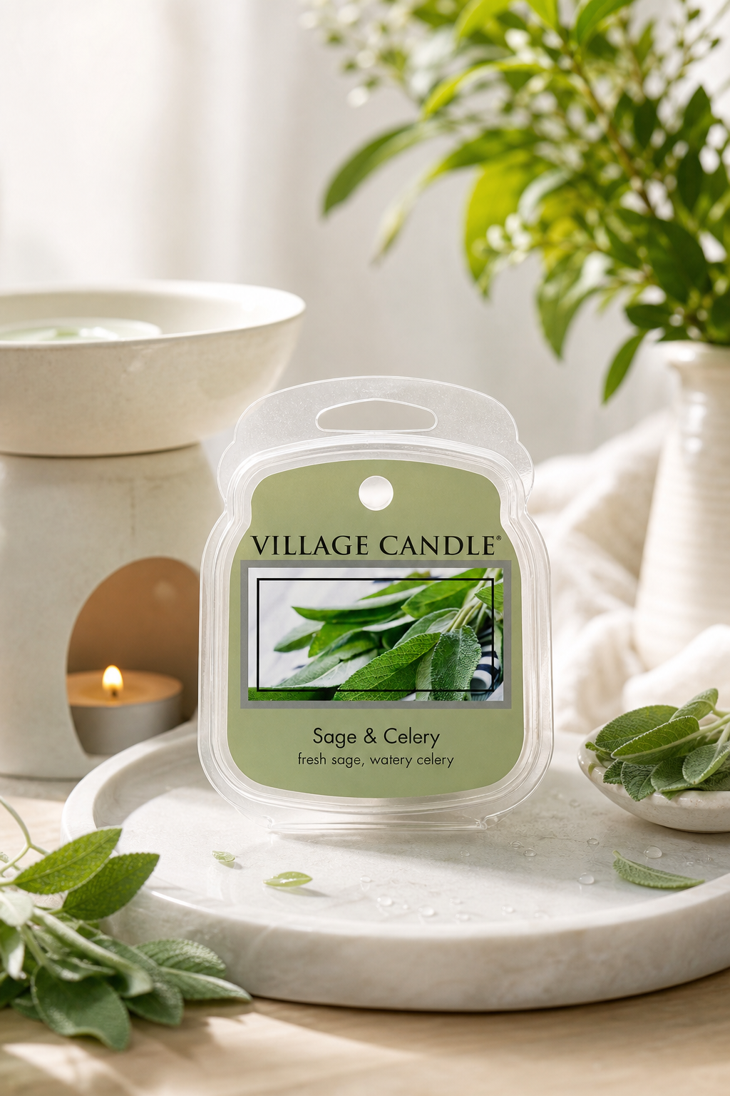 Village Candle Sage & Celery auf einer Schale neben einer brennenden Kerze