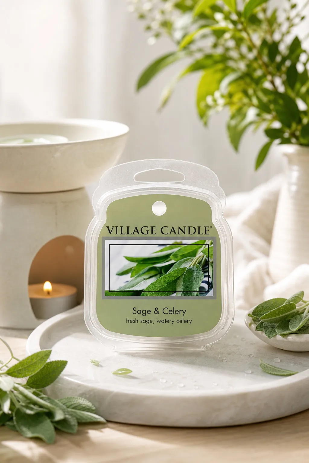 Sage & Celery im Wohnambiente Village Candle Sage & Celery auf einer Schale neben einer brennenden Kerze