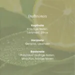 Grafik mit Duftnoten von Sage & Citrus auf Zitronen- und Blätterhintergrund