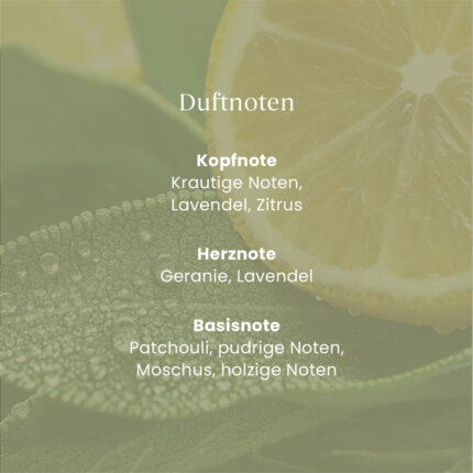 Grafik mit Duftnoten von Sage & Citrus auf Zitronen- und Blätterhintergrund