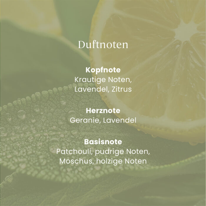 Grafik mit Duftnoten von Sage & Citrus auf Zitronen- und Blätterhintergrund