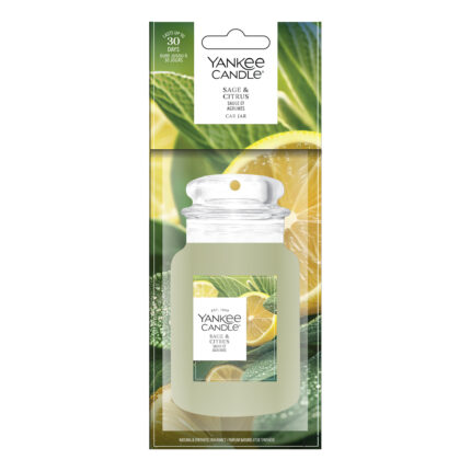 Yankee Candle Sage & Citrus Car Jar in Verpackung mit Zitronen- und Blättermotiv