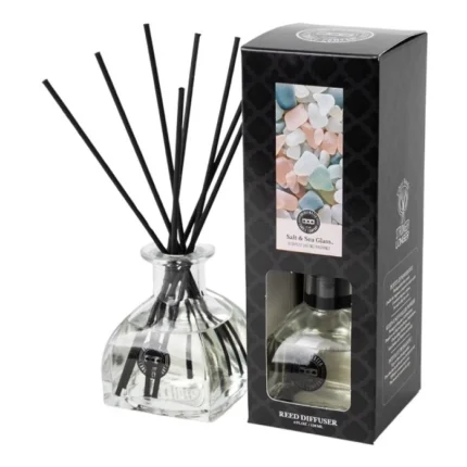 Reed Diffuser mit schwarzen Duftstäbchen und geöffneter Produktverpackung
