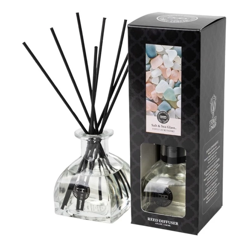 Bridgewater Reed Diffuser mit Verpackung Reed Diffuser mit schwarzen Duftstäbchen und geöffneter Produktverpackung