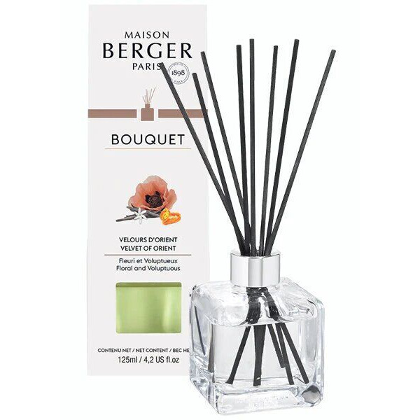 Maison Berger Bouquet Diffuser Transparenter Raumduft-Diffuser mit schwarzen Stäbchen und Produktverpackung