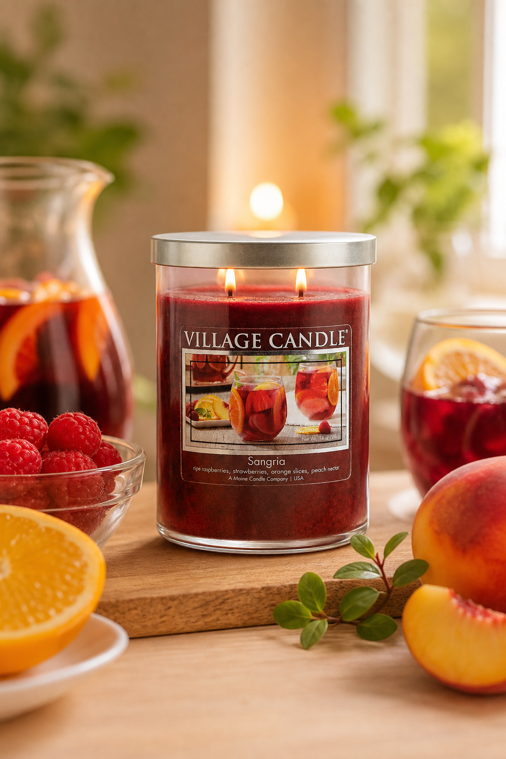 Sangria-Kerze mit zwei brennenden Dochten auf Holztisch neben Früchten