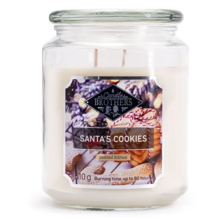 Santa's Cookies Duftkerze im Glas mit zwei Dochten und Etikett