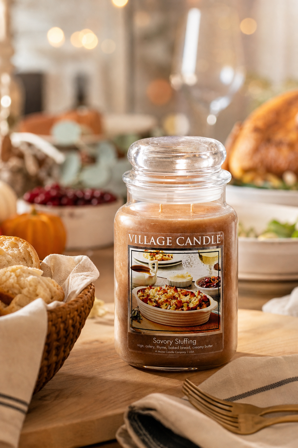 Savory Stuffing Duftkerze von Village Candle auf gedecktem Esstisch
