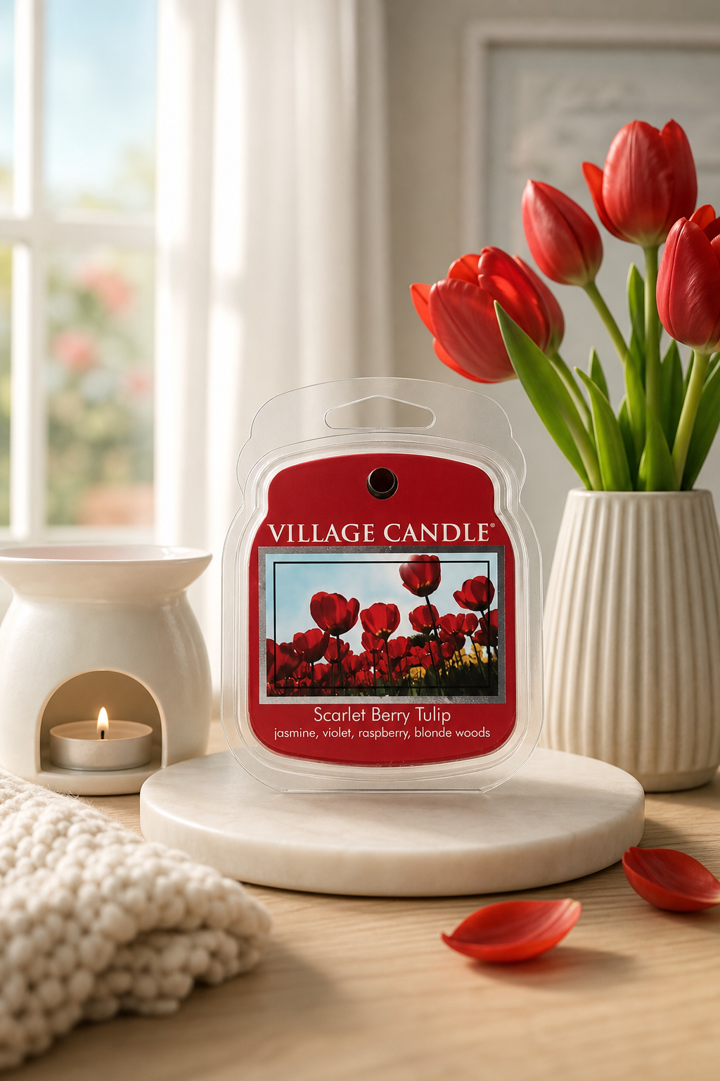 Verpacktes Village Candle Scarlet Berry Tulip Duftwachs neben Tulpen und Duftlampe