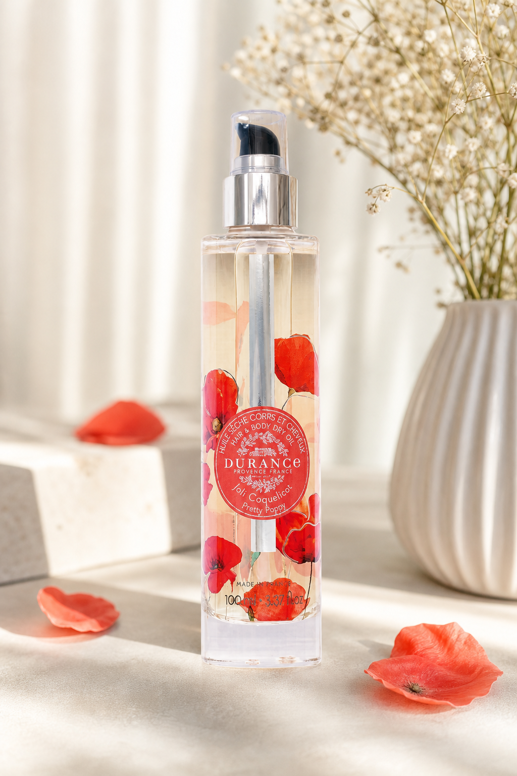 Schöne Mohnblume Trockenöl 100ml – Stimmungsbild Schöne Mohnblume Trockenöl 100ml in einer stimmungsvollen Anwendungsszene
