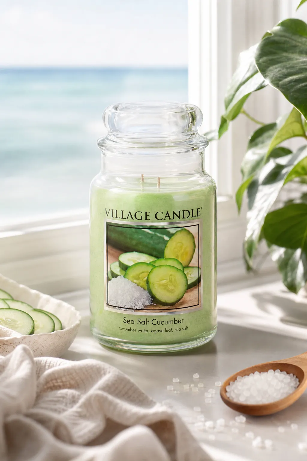 Grüne Village Candle im Glas vor Fenster mit Meerblick und Pflanze