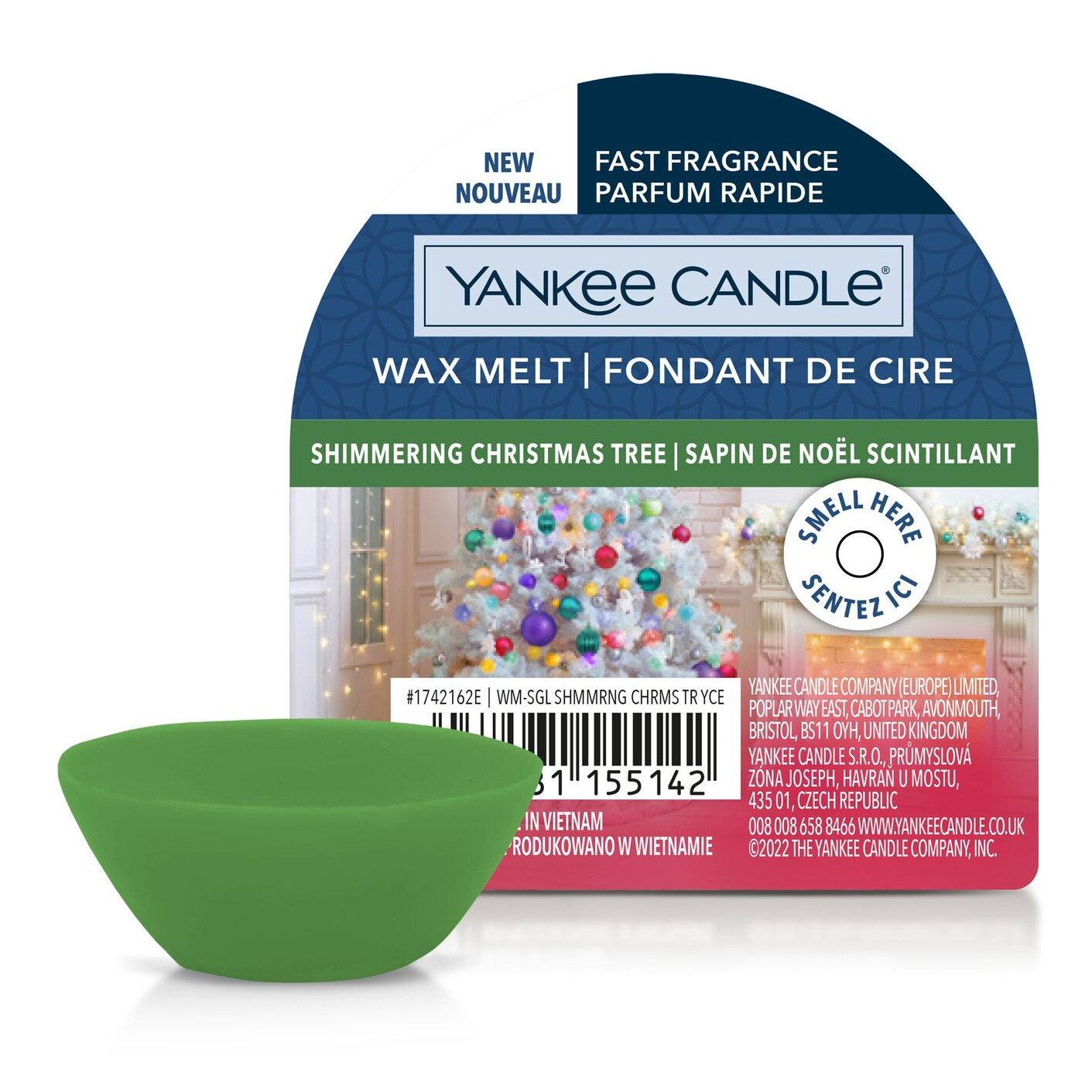 Yankee Candle Wax Melt Shimmering Christmas Tree Grünes Yankee Candle Wax Melt vor Verpackung mit Weihnachtsbaum-Motiv