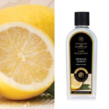 Flasche mit Etikett Sicilian Lemon und Zitronenmotiv