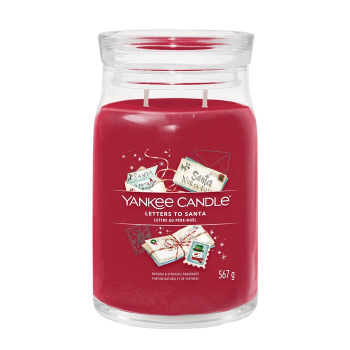 Rote Letters to Santa Kerze im Glas mit zwei sichtbaren Dochten