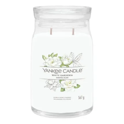 Weiße White Gardenia Kerze im Glas mit zwei sichtbaren Dochten