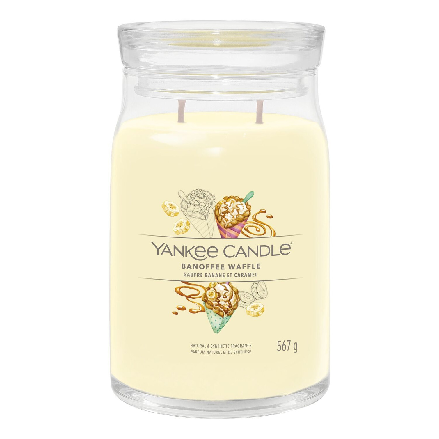 Banoffee Waffle Kerze mit Etikett Banoffee Waffle Duftkerze von Yankee Candle im Glas mit zwei Dochten